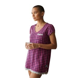 Honeydew Pink and‎ Mint Green Houndstooth Sleepshirt with Lace Trim Size S